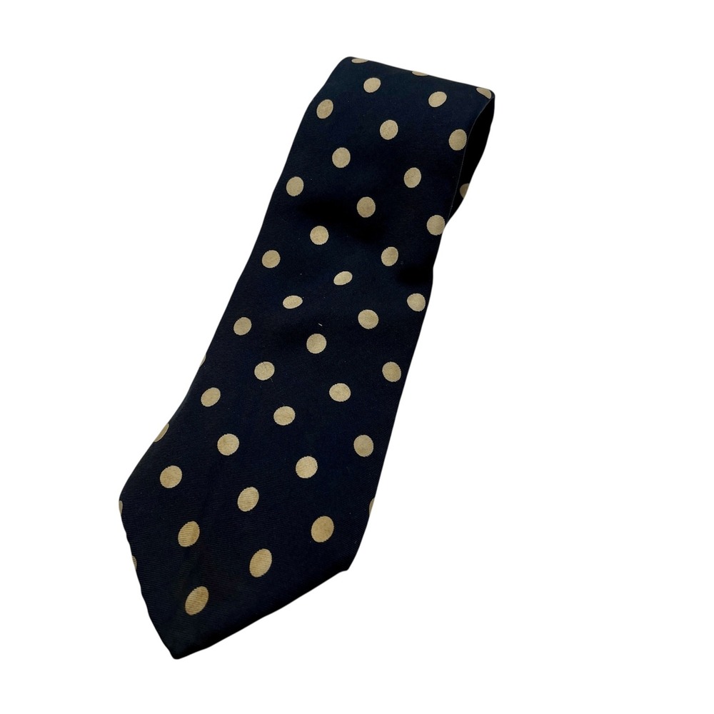 Mario Valentino Mens Navy‎ Blue Tan Polka Dot Italian Silk Tie Vintage READ